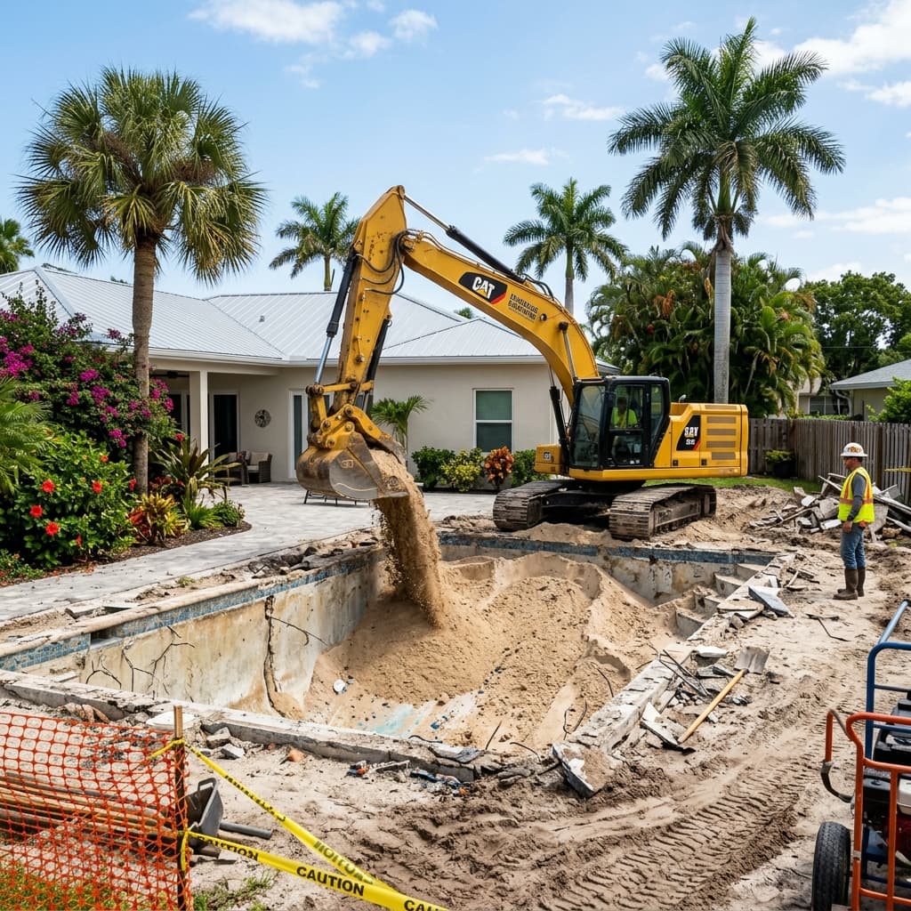 Heavy machinery performing precision pool demolition and engineered dirt backfill in Tampa, Florida