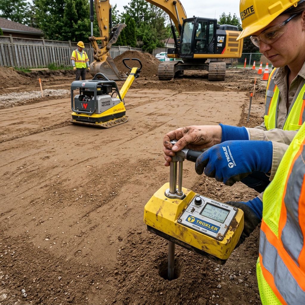 Professional nuclear density gauge testing 98% Proctor compaction on a Tampa pool removal site.
