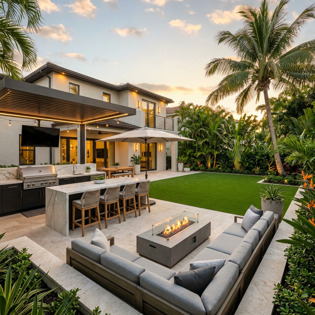 A luxury Tampa backyard showing a modern outdoor kitchen and fire pit area where a swimming pool was removed.