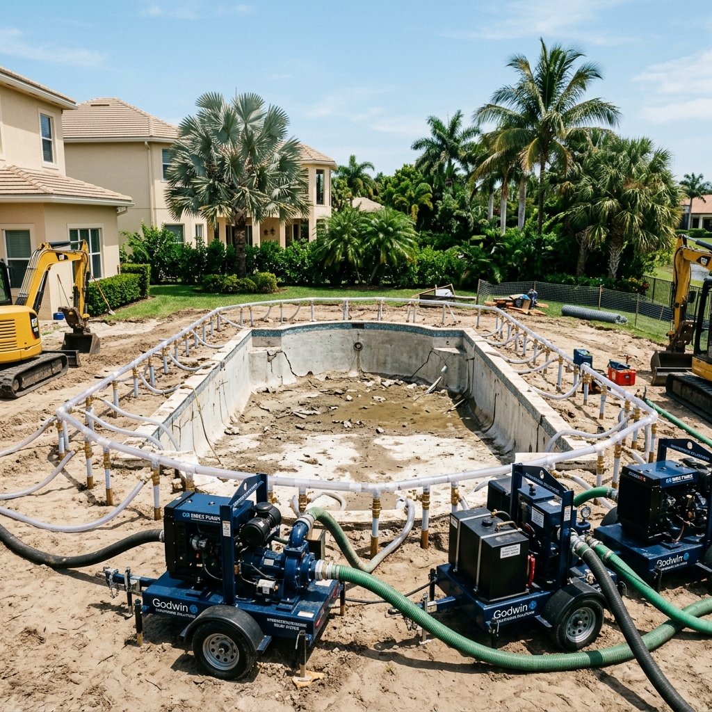 Professional hydrostatic dewatering system for Florida pool removal, showing well-point pumps protecting the site from groundwater pressure.